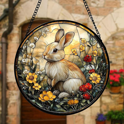 Stained Glass Window Hanging - Rabbit Flowers Suncatcher Ready to Hang Window Doors Home Decoration, Easter, Mother's Day Birthday Gifts for Women, Men, and Mom 6.3x6.3 in