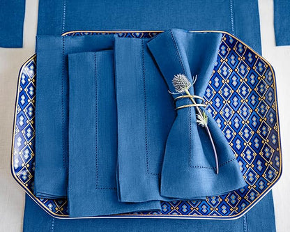 Solino Home Linen Napkins Set of 4 - Classic Hemstitch 100% Pure Linen Indigo Blue Dinner Napkins Cloth 20 x 20 Inch for Fall, Autumn, Christmas, New Year - Handcrafted and Machine Washable