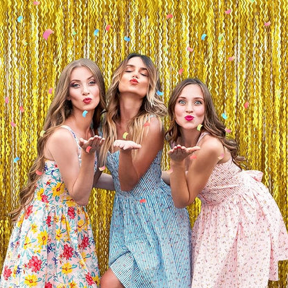 4 Pack Gold Fringe Curtain Backdrop 3.2Ft x 8.2Ft Metallic Tinsel Foil Fringe Streamers Background for Photo Booth Mother's Day, Easter, Carnival, Birthday, Wedding Party Decoration