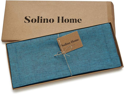 Solino Home Linen Table Runner 72 Inches Long - Athena, 100% Pure Linen Chambray Teal Dining Table Runner 14 x 72 Inch for Fall, Autumn, Thanksgiving - Handcrafted and Machine Washable