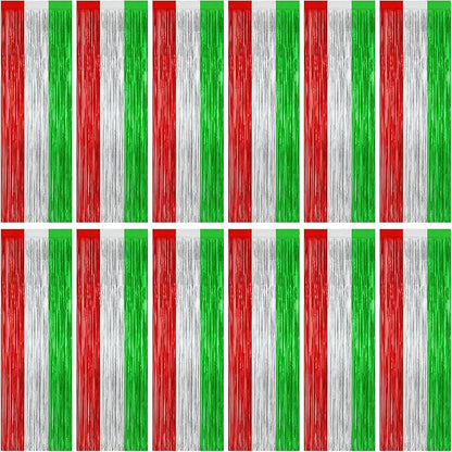 12 Pack Christmas Party Backdrop, 3.28 FT x 7.05 FT Red Silver Green Foil Streamer, Metallic Fringe Curtains Tinsel Streamer, Hanging Christmas Decorations Picture Props Door Decor