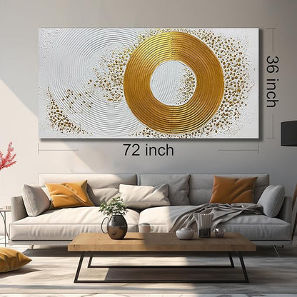 Abstract Circle Hand Painted Wall Art for Office White and Gold Pictures Wall Decor for Bedroom Extra Large Wall Art for Living Room Size 36 x 72 Inch