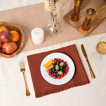 Blue Needles Handmade Cotton Linen Cloth Napkins with Fringes - Set of 6 Rust Dinner Table Napkins 18x18 Inch Hemmed Edges Washable, Soft, Reusable, Perfect for Fall Thanksgiving & Family Dinner