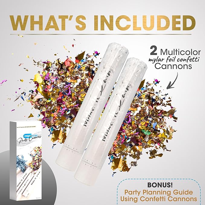 PrimePure Confetti Cannon Party Poppers - Metallic Foil Multicolor Confetti Poppers - 2 Pack - NYE Party Cannon Glitter Bomb Sparkle Pop Gun for New Years Eve 2026, Birthday, Celebration, Pranks