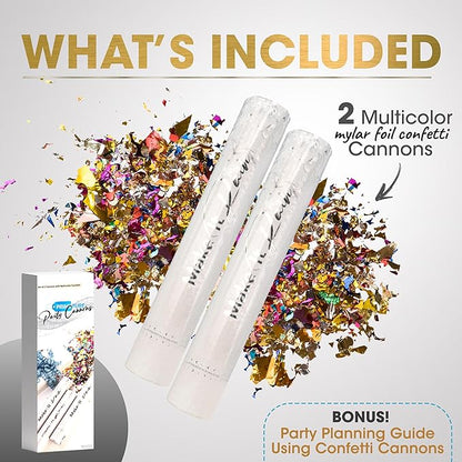 PrimePure Confetti Cannon Party Poppers - Metallic Foil Multicolor Confetti Poppers - 2 Pack - NYE Party Cannon Glitter Bomb Sparkle Pop Gun for New Years Eve 2026, Birthday, Celebration, Pranks