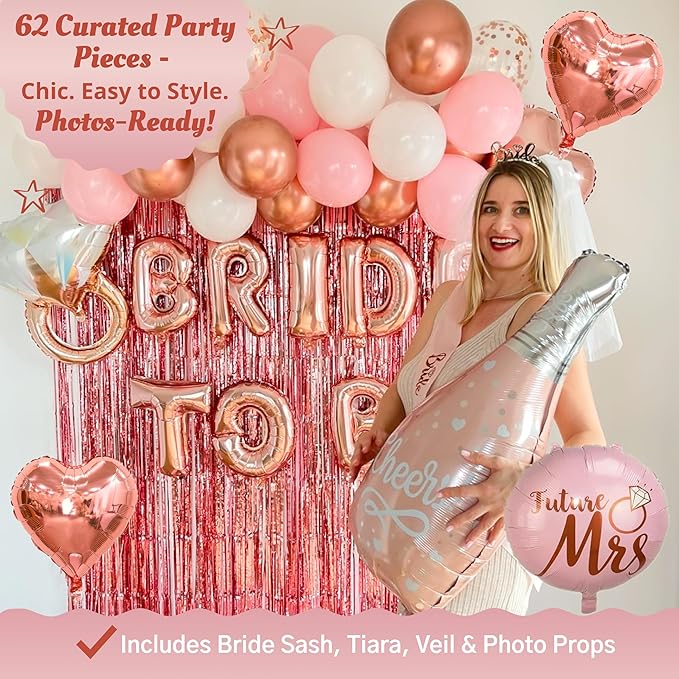 VIDAL CRAFTS 62-Piece Rose Gold Bridal Shower Decorations – Bachelorette Party Decor with Confetti Balloons, Bride-to-Be Banner, Bridal Veil, Fringe Curtains, Bride Sash & Fun Photo Props [UPGRADED]
