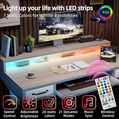 TIQLAB Standing Desk with Two Drawers, Stand Up Standing Desk Adjustable Height, Electric Sit Stand Table with Storage Shelf and Splice Board, with LED Light, 47 * 28 inch, Light Walnut