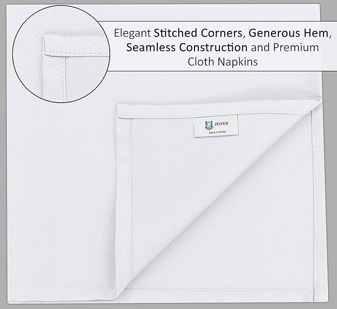 Zoyer Cloth Napkins Set of 12, 18x18 Inches Cotton Enrich Napkins Cloth ‎Washable, Soft & Durable Dinner Napkins for Parties, Wedding, Christmas, ‎Thanksgiving & Everyday Use - White