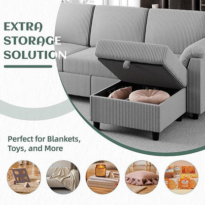 Vongrasig 79" Convertible Sectional Couch Sofa with Storage Ottoman, 3 Seat L Shaped Couch with Side Storage Pockage, Small Couches for Living Room, Apartment and Small Space (Light Grey)