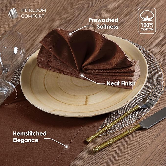 Brown Cloth Napkins 18x18 Inch, Set of 6-100% Cotton, Soft, Absorbent, Reusable & Washable Napkin with Hemstitch Mitered Edges - Ideal for Rustic Weddings, Farmhouse Dining, Dinner