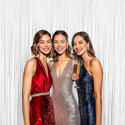 BTSD-home White Foil Fringe Curtain, Metallic Photo Booth Backdrop Tinsel Door Curtains for Wedding Birthday Bridal Shower Baby Shower Bachelorette Christmas Party Decorations(4 Pack, 12ft x 8ft)