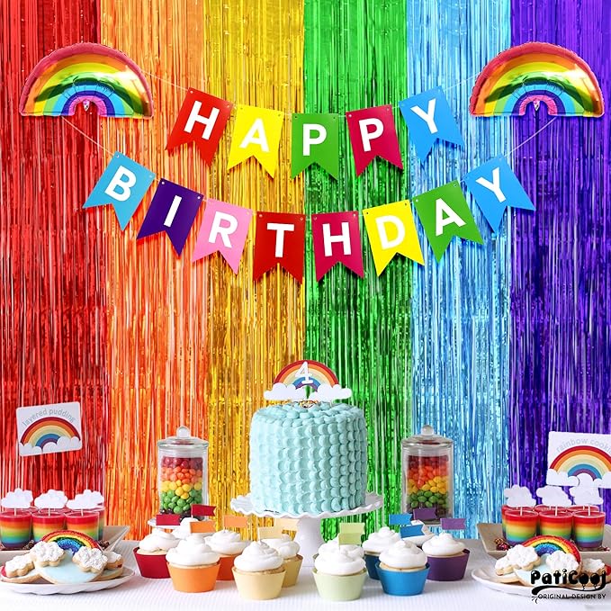 Rainbow Birthday Party Decorations, Rainbow Streamers Tinsel Foil Fringe Curtains - Thicken 2 Pack 3.2 x 8.2 FT - Photo Booth Props Backdrops for Fiesta, Mexican, Pride, Baby Shower Decorations
