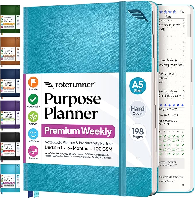 Roterunner Purpose Planner Notebook A5 5.8”x8.3” Undated 2026 Daily Weekly and Monthly Productivity Goal Setting Tool for Work Home ADHD Planner for Adults Self Care Journal (Teal Hardcover)