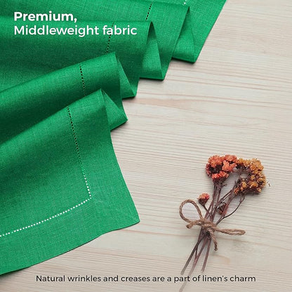 D'Moksha Homes Linen Kelly Green Table Runner 108 Inches Long - 100% Pure Linen 14 x 108 Inch Table Runner for Winter, Christmas, Holiday - Classic Hemstitch