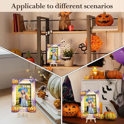 Halloween Picture Frame, 4×6 Pumpkin Wooden Photo Frame for Home Decor Tabletop Display, Vintage Castle Gifts for Family Friends - A01