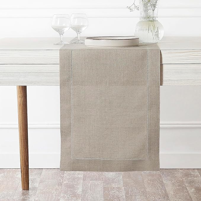 D'Moksha Homes Linen Natural Table Runner 84 Inches Long - 100% Pure Linen Table Runner 14 x 84 Inch for Winter, Christmas, Holiday - Classic Hemstitch