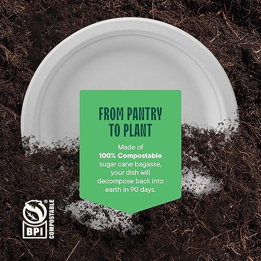 Stack Man 100% Compostable Paper Plates 10 Inch Heavy-Duty [125-Pack] Eco-Friendly White Bagasse Disposable Dinner Plates From Natural Sugarcane - 10" Biodegradable Plate (BPI-Certified) (PFAS-Free)