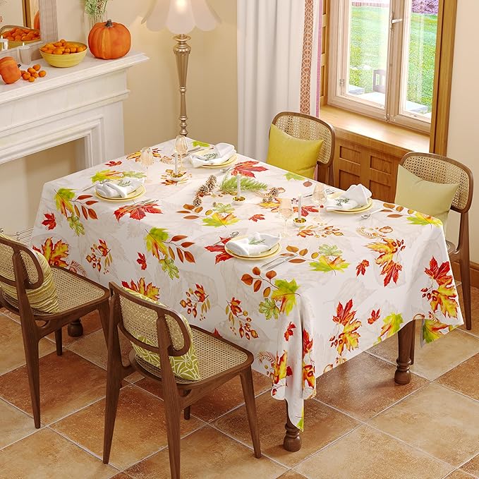 Fall Rectangle Tablecloth 60 x 102 Inch, Thanksgiving Autumn Harvest Maple Leaves Table Cloth, Spill Proof Wipeable Washable Rectangular Table Covers for Party Picnic Dinner Decor
