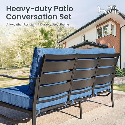 PHI VILLA 5 Piece Patio Furniture Set with 28" Firepit Table, 4 Outdoor 5.75" Cushioned Metal Frame Swivel Sofa Chairs & 28" Gas Firepit Table, Outside Furniture Set for Lawn Garden(Peacock Blue)