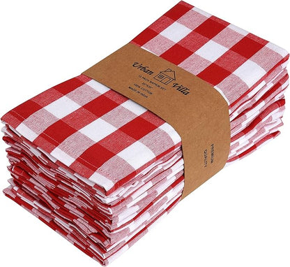 Urban Villa Cloth Napkins Set of 12 20x20 Inches 100% Cotton Napkins Cloth Washable Durable Reusable Absorbent Table Dinner Napkins Cloth for Christmas Hotel Lunch Restaurant Parties- Red White