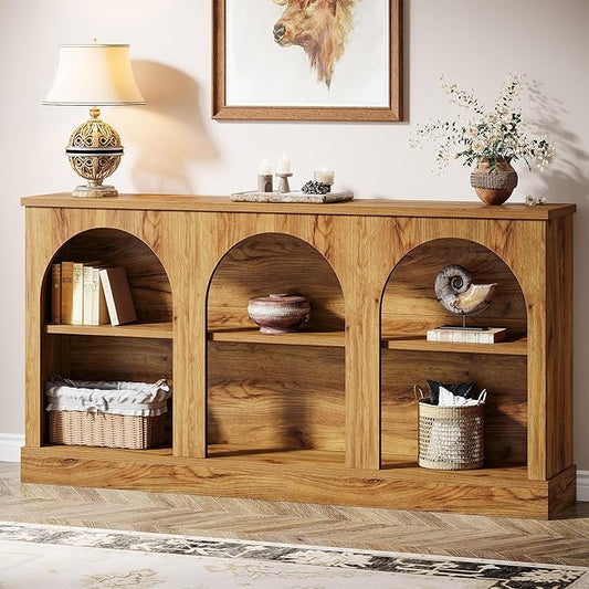 Tribesigns Farmhouse Console Table, 63-Inch Long 3-Tier Entryway Table with Storage, Wooden Rectangular Sofa Table Behind The Couch for Entrance, Hallway, Living Room, Natural Wood