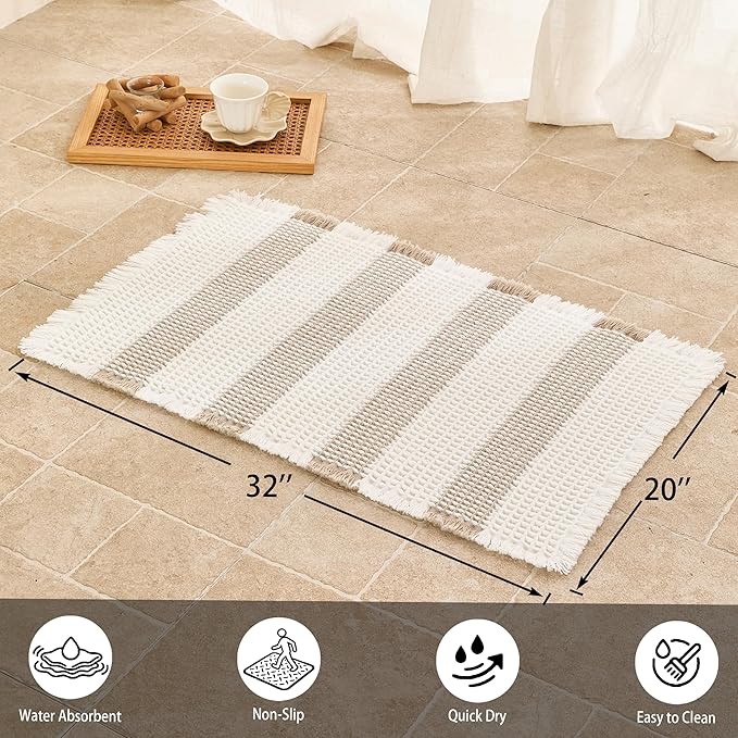 Waffle Bath Mat Non Slip, Boho Bathroom Rug, Super Absorbent Quick Dry Bathroom Mat, Soft Farmhouse Bath Rug with Tassels, Small Washable Shower Mats for Floor 20"x32", White and Taupe