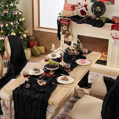 12 Pack Cheesecloth Table Runner 120 Inch Boho Rustic Gauze 10 FT Black Cheese Cloths Table Runners Decorations for Halloween Birthday Party Baby Shower Wedding Holiday Home Decor