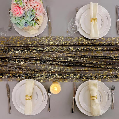 Snowkingdom 10 Pcs Black & Gold Cheesecloth Table Runner 10 FT, Sheer Chiffon Sparkle Gauze Mesh Runners 120 Inch, Glitter Table Centerpieces Decoration for Birthday Party Wedding Christmas Halloween