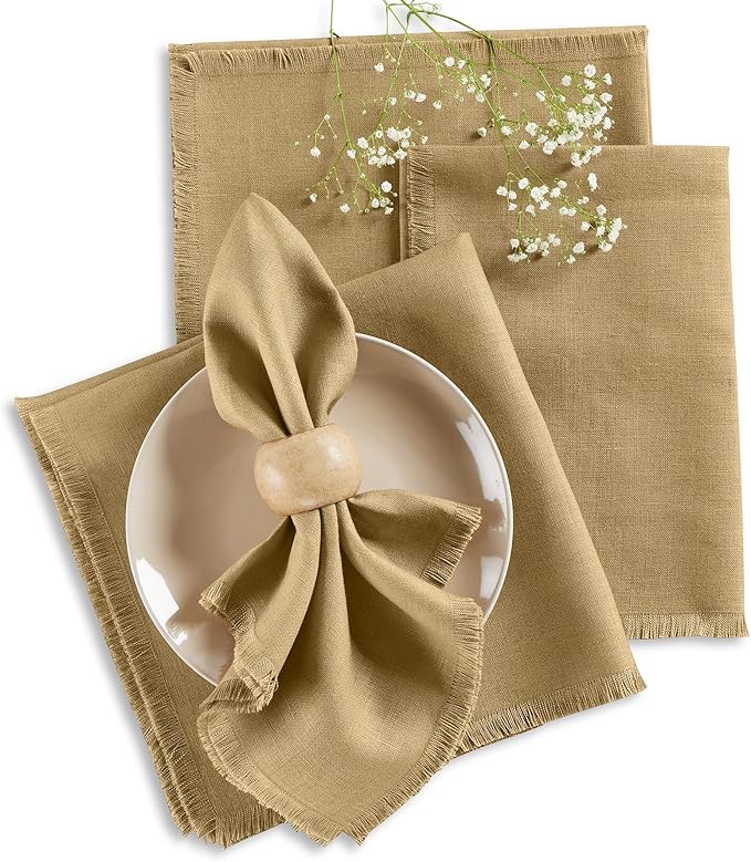 Solino Home Fringe Linen Cloth Napkins Set of 4-100% Pure Linen Kelp Dinner Napkins 20 x 20 Inch for Fall, Autumn, Christmas, Holiday, New Year - Handcrafted and Machine Washable