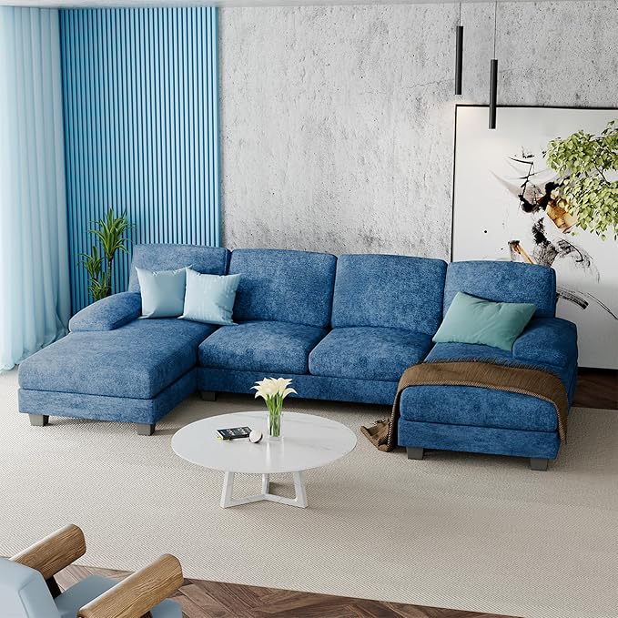 Furniwell Convertible Sectional Sofa Couch, 4 Seat Sofa Set for Living Room U-Shaped Modern Fabric Modular Sofa Sleeper with Double Chaise & Memory Foam (Fabric, Blue)