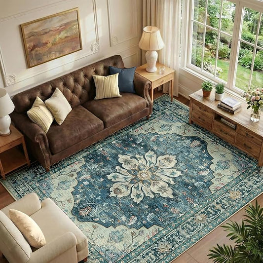 Area Rugs 6'x9' Washable Non-Slip, Floral Vintage Distress Print Pattern Medallion Carpet for Living Room Bedroom Dining Room, Dark Blue Vintage