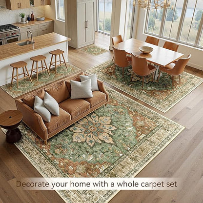 Area Rugs 9'x12' Washable Non-Slip, Floral Vintage Distress Print Pattern Medallion Carpet for Living Room Bedroom Dining Room, Brick Red Rust Neutral Brown Burnt Orange Green