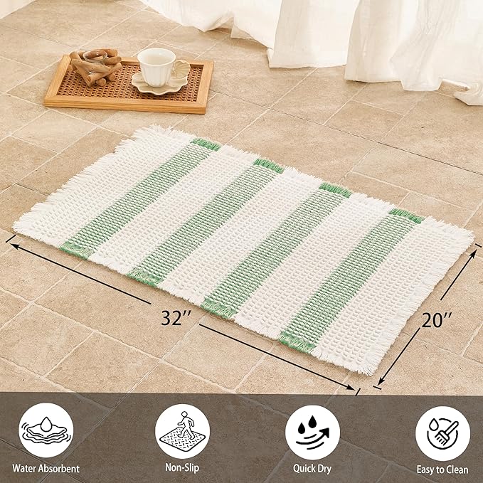 Waffle Bath Mat Non Slip, Boho Bathroom Rug, Super Absorbent Quick Dry Bathroom Mat, Soft Farmhouse Bath Rug with Tassels, Small Washable Shower Mats for Floor 20"x32", White and Green
