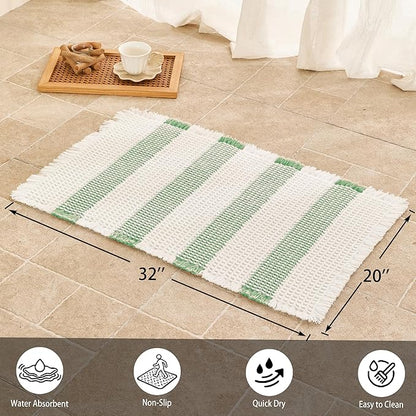 Waffle Bath Mat Non Slip, Boho Bathroom Rug, Super Absorbent Quick Dry Bathroom Mat, Soft Farmhouse Bath Rug with Tassels, Small Washable Shower Mats for Floor 20"x32", White and Green