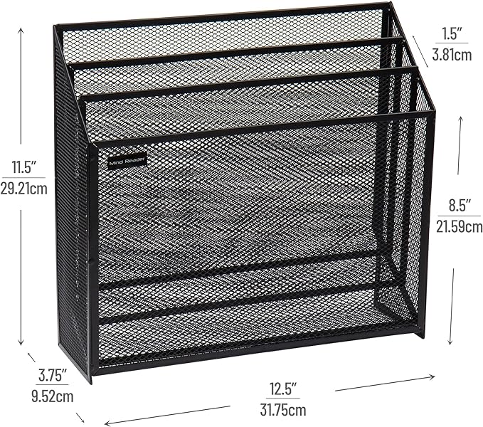 Mind Reader Vertical File Storage, Desktop Organizer, Workspace, Office, Metal Mesh, 12.5"L x 3.75"W x 11.5"H, Black