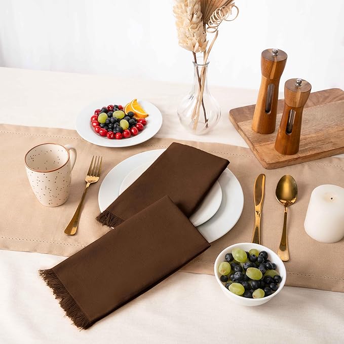 Blue Needles Handmade Cotton Linen Cloth Napkins with Fringes - Set of 6 Nut Brown Dinner Table Napkins 18x18 Inch Hemmed Edges Washable, Soft, Reusable, Perfect for Fall Thanksgiving & Family Dinner