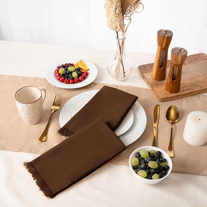 Blue Needles Handmade Cotton Linen Cloth Napkins with Fringes - Set of 6 Nut Brown Dinner Table Napkins 18x18 Inch Hemmed Edges Washable, Soft, Reusable, Perfect for Fall Thanksgiving & Family Dinner