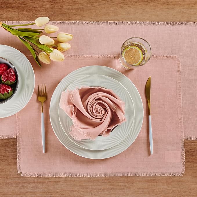 Solino Home Fringe Linen Cloth Napkins Set of 4-100% Pure Linen Misty Pink Dinner Napkins 20 x 20 Inch - Handcrafted and Machine Washable