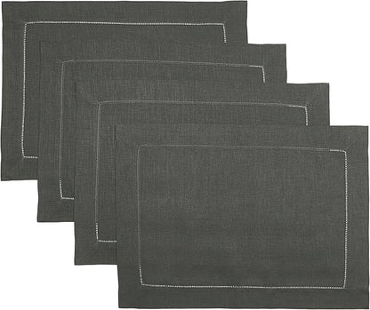 D'Moksha Homes Linen Placemats Set of 4 - Classic Hemstitch Charcoal Grey Placemats 14 x 19 Inch - 100% Pure Linen Table Mats for Christmas, Holiday - Handcrafted and Machine Washable