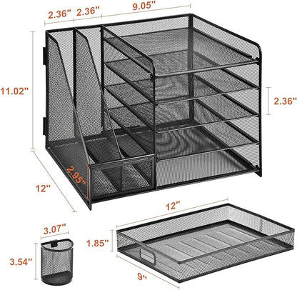 Marbrasse Desk Organizer with File Holder, 5-Tier Paper Letter Tray Organizer with Drawer and 2 Pen Holder, Mesh Desktop Organizer and Storage with Magazine Holder for Office Supplies(Black)