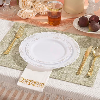 175 PCS White and Gold Disposable Plates, Elegant Dinnerware Set for 25 Guests, 50 Plastic Plates, 75 Silverware, 25 Cups & 25 Paper Napkins, White and Gold
