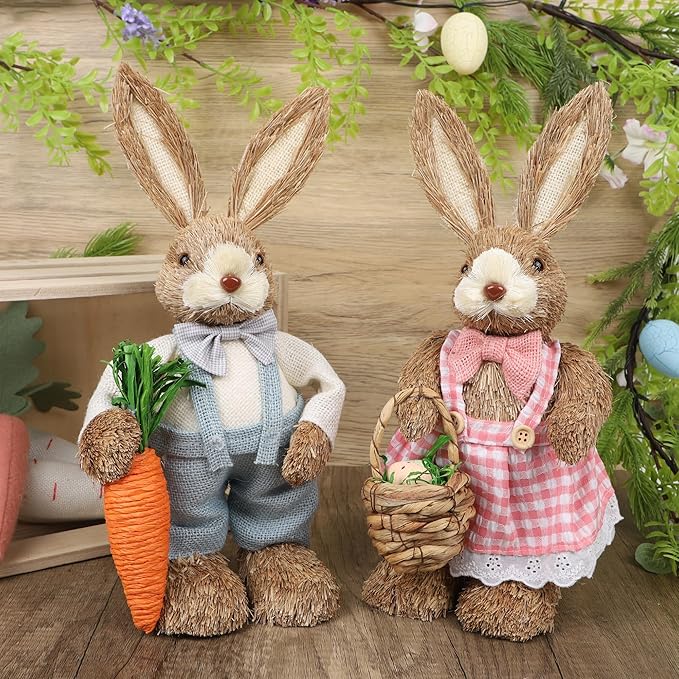 DR.DUDU Set of 2 Easter Decorations for Home- 14" Sisal Bunny Figurines with Carrot & Egg, Spring Straw Bunny Couple Farmhouse Centerpieces for Tables, Easter Rabbits Decor