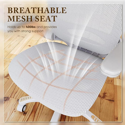 GABRYLLY Ergonomic Office Chair, High Back Home Desk Chair with Flip-Up Arms, Headrest, 90-120° Tilt and Wide Cushion, 300LBS White Mesh Chair for Work Gaming Study (GY01-NT, Woodgrain Pattern)