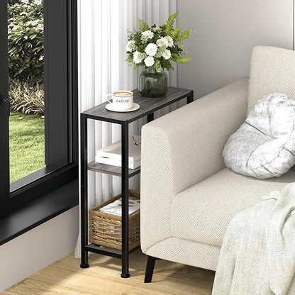 Narrow Side Table Set of 2 for Small Space, 2-Tier Small End Table with Shelf Holder, Slim Nightstand, Skinny Snack Couch Table in Living Room, Bedroom, Study, Kitchen and Balcony (Grey)