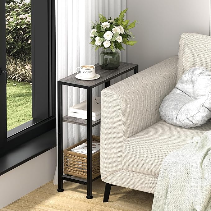 Narrow Side Table for Small Space, 2-Tier Small End Table with Shelf Holder, Slim Nightstand, Skinny Snack Couch Table in Living Room, Bedroom, Study, Kitchen and Balcony (Grey)