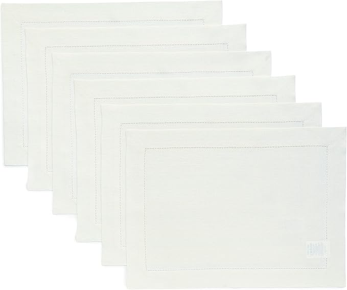 Solino Home Linen Cloth Placemats Set of 6-100% Pure Linen Hemstitch Ivory Placemats 14 x 19 Inch - Classic Hemstitch Table Place Mats for Fall, Autumn, Christmas, Holiday, New Year