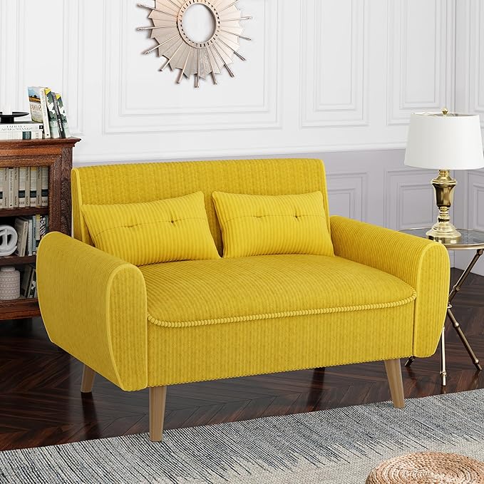 Shintenchi 47" Small Modern Loveseat Couch Sofa, Fabric Upholstered 2-Seat Sofa, Love Seat Furniture with 2 Pillows, Wood Leg for Small Space, Living Room, Bedroom, Apartment, Yellow