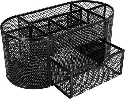 Amazon Basics Mesh Desk Organizer with Pen Holder, Pullout Drawer and Office Caddy Storage, 9.25" x 4.53" x 3.94", Black