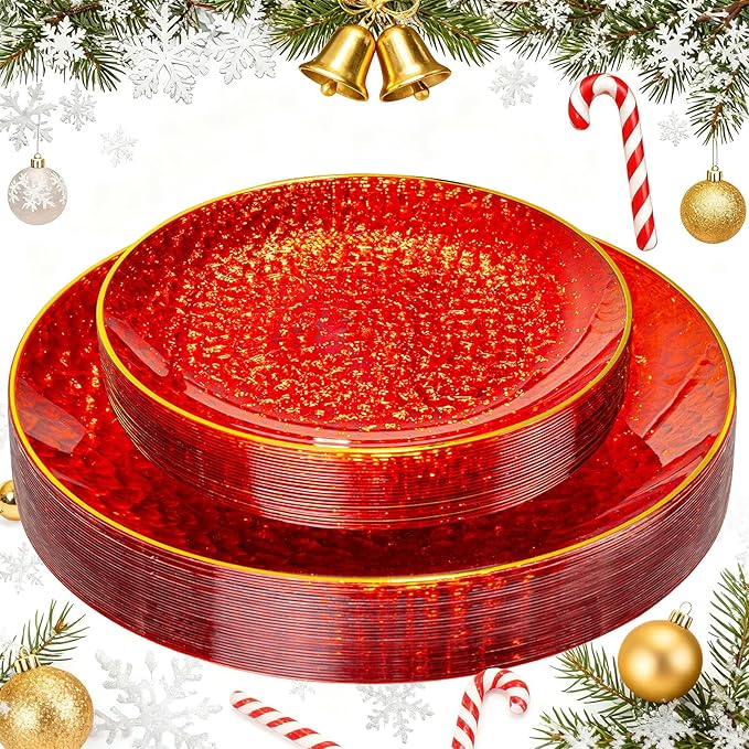 SUT 36Pcs Red Plastic Plates, Hammered Plates Disposable Heavy Duty, Red Disposable Plates With Gold Rim, Fancy Plastic plates Include 18 Dinner and 18 Dessert plates for Wedding