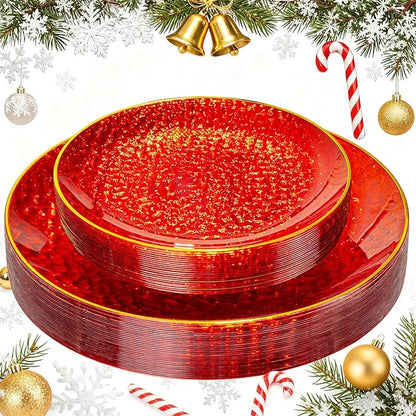 SUT 36Pcs Red Plastic Plates, Hammered Plates Disposable Heavy Duty, Red Disposable Plates With Gold Rim, Fancy Plastic plates Include 18 Dinner and 18 Dessert plates for Wedding